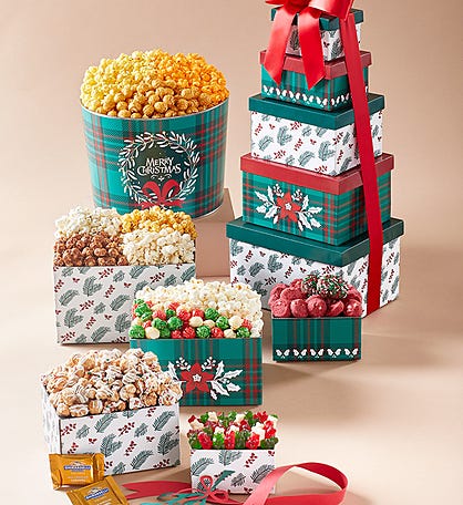 Cozy Christmas 5 Box Gift Tower & 2 Gallon Popcorn Tin 3 Flavor